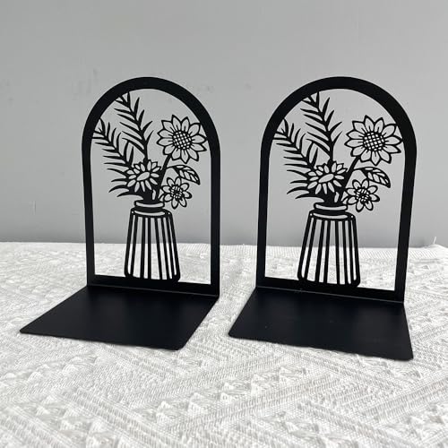 Vase Book Ends, Bookends - Metal Book Ends for Shelves, Non-Skid Bookends Decorative Unique for Heavy Books, Heavy Duty Book Holder for Home Office (3PC Style B)
