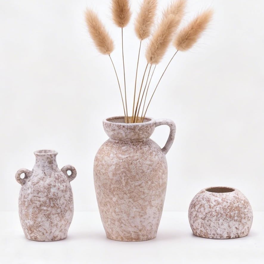 Stone Vase Home Table Decor, Beige Ceramic Stone Modern Rustic Farmhouse Vase Set of 3 Centerpiece for Shelf Bedroom Bathroom Desk - color: 16 Khaki