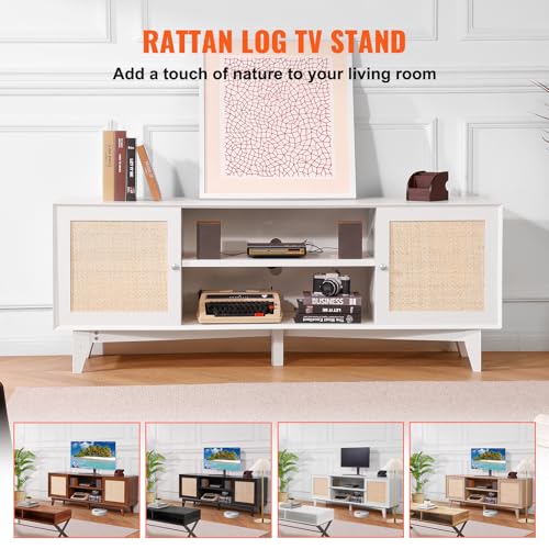 VEVOR Rattan TV Stand for 75in TV, Boho TV Stand with Rattan Door, Entertainment Center with Build-in Socket, Storage Cabinet with 2 Shelves, Modern TV Console for Living Room, Media Room, White - color: White, size: for 75" TVs