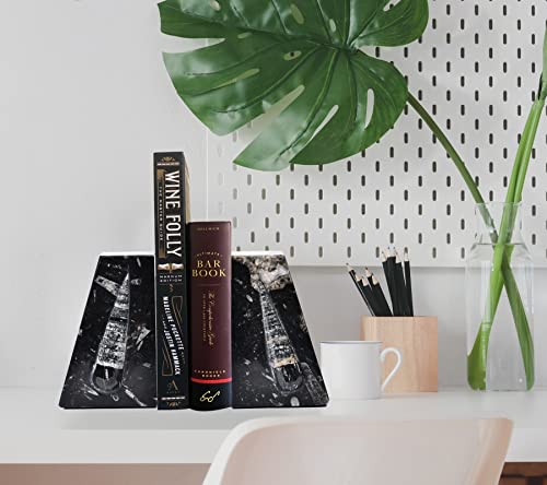 AMOYSTONE 1Pair Decorative Bookends for Shelves, Crystal Stone Bookends Natural Orthoceras Fossil Book Ends Trapezoid 4-5 LBS Height 4.7" - color: Black & White B, size: 4-5 Lbs