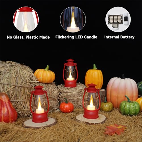 12Pcs Red Mini Lanterns for Centerpiece – Vintage Lantern Decor for Christmas, Halloween, Weddings & Western Party – Hanging Ornaments Bulk with Flicker LED Candle for Cowgirl, Camping Decor - color: Pure Red-12pcs