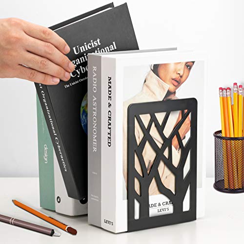 MaxGear Book Ends Tree Design Modern Bookends for Shelves, Non-Skid Bookend, Heavy Duty Metal Book Stopper for Books/DVDs, Decorative CD Holder & Video Game Organizer, 7 x 4.7 x 3.5”, Black - size: 1 Pair
