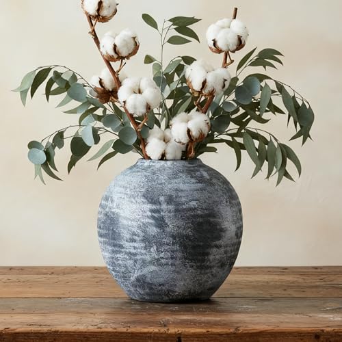 Lvases Farmhouse Rustic Ceramic Vase, 6.5 inch Gray-White Handcrafted Weathered Stone Pottery Terracotta Vintage Vases for Home Decor Living Room Table Shelf Decorative (Round - B) - color: Gray+white, size: 6.5 in X 6.1 in