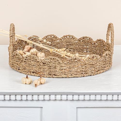 Household Essentials Round Handwoven Seagrass Tray with Scalloped Edge and Handles, Natural - color: Natural Seagrass, size: 14"