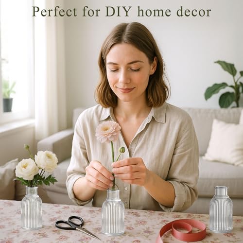 DomeStar 16PCS Glass Bud Vases for Flowers, 3.8inch Small Flower Vase in Bulk Clear Mini Ribbed Vases for Centerpieces Suitable for Modern Wedding Reception Baby Shower Table Decorations