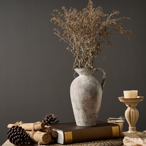 LUKA Ceramic Rustic Farmhouse Vase,9.25 inch Terracotta Vase with Handle,Neutral Tall Clay Vases Decorative Vases for Living Room,Table,Shelf Decor(Brown,L) - color: Brown, size: 9 inch (H)