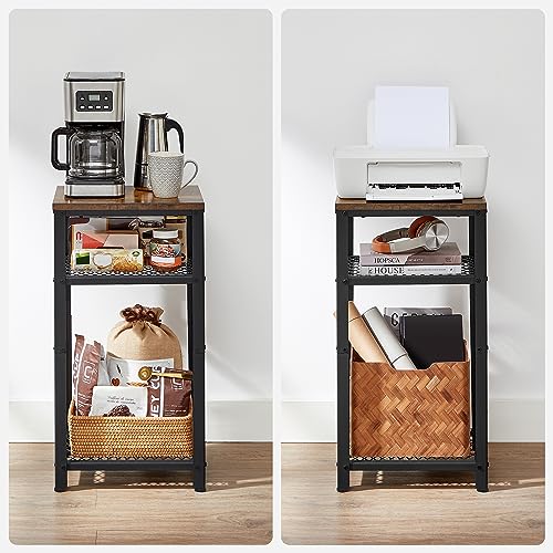 VASAGLE 3-Tier Tall Side Table, Small Telephone End Table Stand with 2 Mesh Storage Shelves for Office, Bedroom, Living Room, Kitchen Cart, Rustic Brown and Black