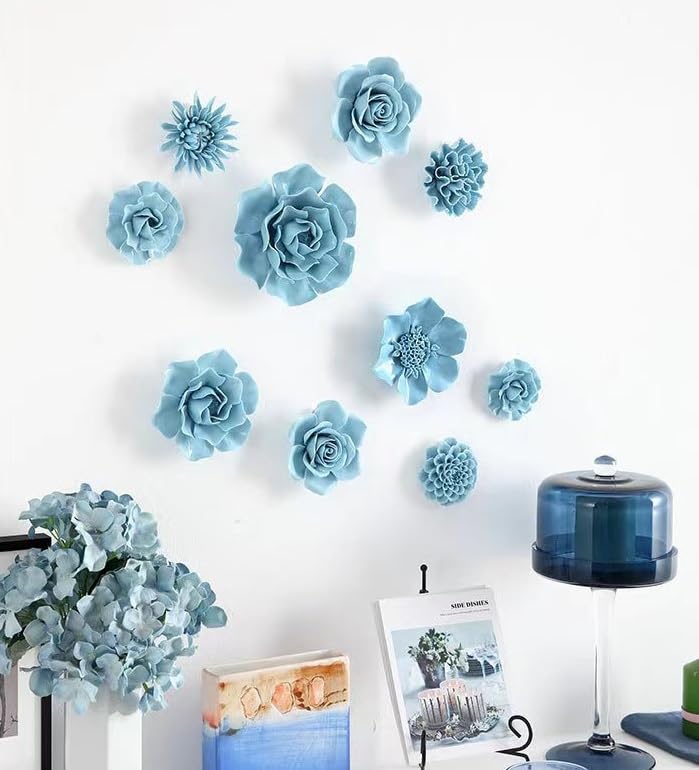 3.35" Ceramic Flower Wall Art, Artificial 3D Flower Wall Art，Handmade 3D Wall Art Hanging Sculpture， Porcelain Flower Wall Décor,Handmade Porcelain Flower Decoration for Home Office Decor (Blue，Chrysanthemum) - color: Blue