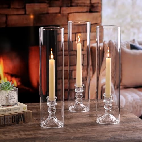 6 Set Hurricane Glass Candle Holders for Taper Candles, Vertical Striped Candlestick Holders with Windproof Glass Tubes 13.4" H for Wedding, Dinner Table Centerpieces, Festival and Party Decor - size: 3.3"D-13.4"H -6pcs+6pcs Striped Candlestick Holder
