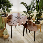 BAMEOS Monstera Leaf Nesting Tables Set of 2, Small Side Tables f Set with Leaf Vein Pattern, Modern Wooden CoffeeTables for Living Room Bedroom Apartment Balcony Yard - color: Monstera
