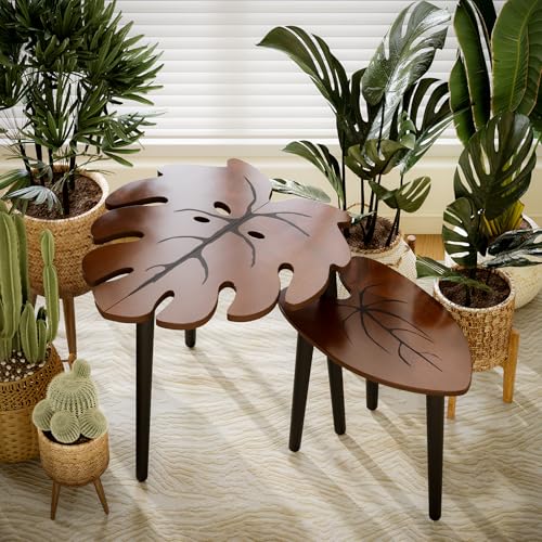 BAMEOS Monstera Leaf Nesting Tables Set of 2, Small Side Tables f Set with Leaf Vein Pattern, Modern Wooden CoffeeTables for Living Room Bedroom Apartment Balcony Yard - color: Monstera