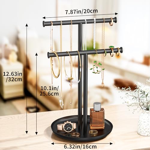 Necklace Rack Stand with Storage Tray - 2 Rods T-Shaped Jewelry Holder Stand for Bracelets, Earrings, Rings | Elegant Vanity & Dresser Top Storage for Women, Black. - color: Black