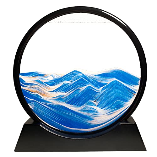 HYUGF Moving Sand Art Picture Ocean Decor, 3D Deep Sea Sandscape Liquid Motion, Round Glass Frame Display Flowing Sand Relaxing Gift for Kids Adults Home Office Work Desktop Decoration Toy (Blue, 7") - color: Blue, size: 7 inches