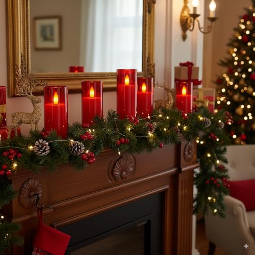 Homemory Decorative Flameless Candles, Battery Operated Candles with Remote & Timer, Flickering Led Pillar Candles, Plexiglass, Red, Pack of 9, D2.2 xH 5" 6" 7" - color: Red