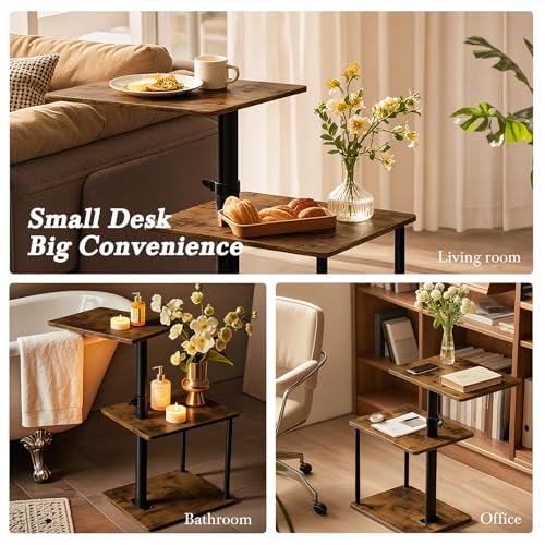 Faesun 360° Swivel Side Table for Height Adjustable, C Shaped End Table for Couch with Storage, 3-Tier Night Stand with Open Shelf, Tv Tray for Small Spaces, Living Room, Bedroom, Rustic Brown - color: Rich