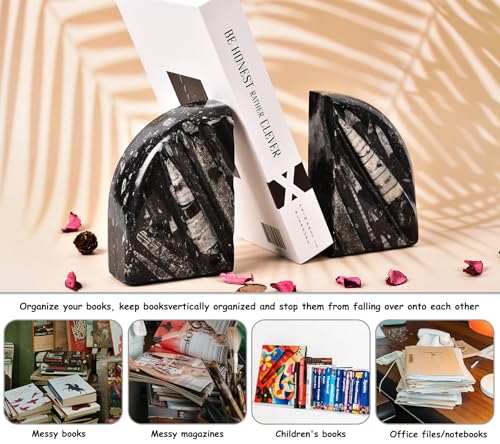 AMOYSTONE 1Pair Heavy Duty Strong Bookends for Shelves, Natural Orthoceras Fossil Heavy Duty Bookends 6-8 LBS for Home Kitchen, Decorative Bookcase (Height 6.2") - color: Black & White C, size: 6-8 Lbs