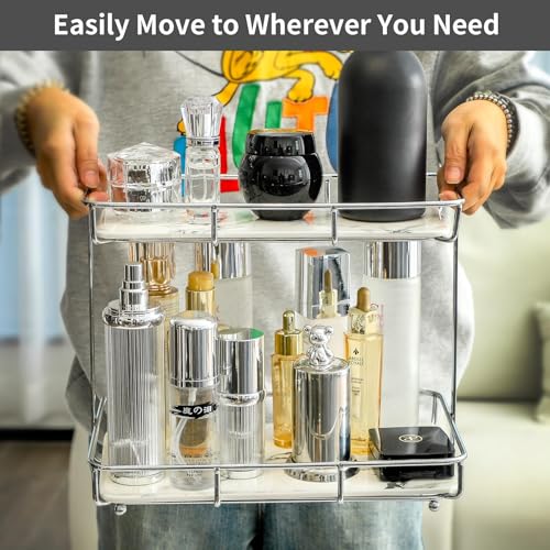 Bathroom Organizer Countertop Perfume Organizer Makeup Organizer Cosmetics Storage Display Rack Vanity Tray Dresser Stainless Steel Gold Shelf White Marble Ceramic Tray (2 Tier L-Sliver) | Perfume Organizer, Makeup Organizer, Cosmetics Storage, Vanity Tra