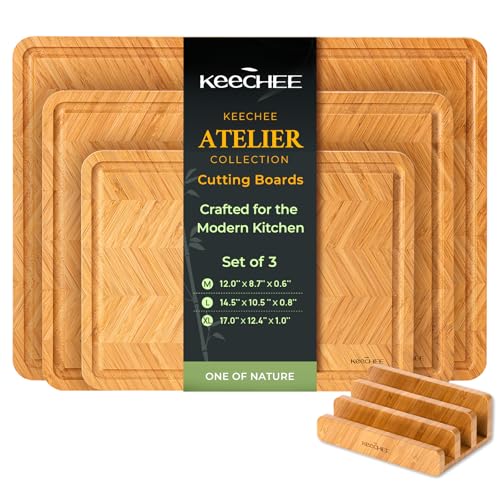 Keechee Bamboo Cutting Board, Reversible Wood Cutting Boards for Kitchen with Juice Grooves, Atelier Collection Handcrafted Large Serving Tray, Luxury Housewarming Wedding Gifts for New Home - size: Set of 3 (M+L+XL)