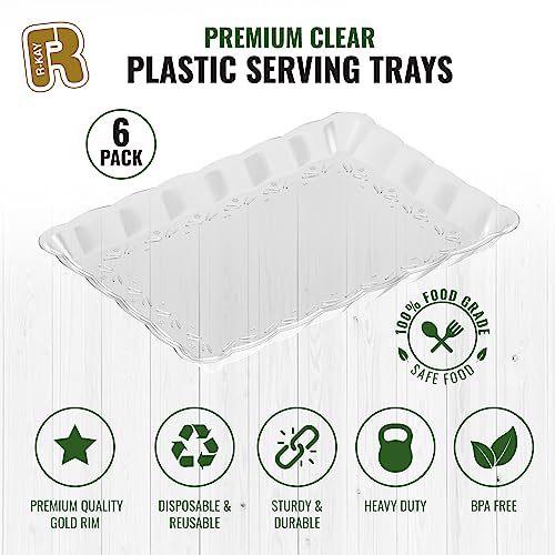 6 Pack Clear Plastic Serving Trays for Party, 9 x 13 Inch - Heavy Duty Plastic Trays for Food - Rectangular Party Serving Trays and Platters - Clear Disposable Trays - color: Clear