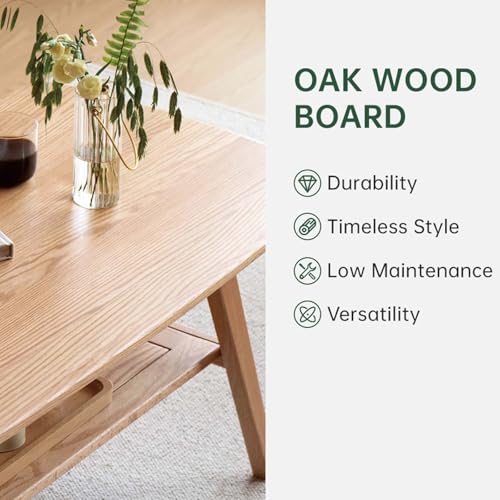 100% Solid Oak Wood Coffee Table for Living Room, 2-Tier Small Coffee Tables with Shelf Storage, Mid Century Modern Table with Rounded Corners (Natural, 39.37" x 19.68" x 17.32") - color: Natural Colour, size: 39.37"W x19.68" D x 17.32" H