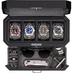 ROTHWELL 4 Slot Leather Watch Box with Valet Drawer - Luxury Case Display Jewelry Organizer, Locking Display Case Holder with Real Glass Top - Watch Box Organizer for Men & Women (Grey) - color: Black / Grey