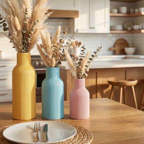 Colorful Ceramic Vases Set of 3 (Pink, Blue, Yellow) - Modern Matte Ribbed Color-Block Vases for Dried Flowers - Scandi Boho Decor Centerpieces for Living Room & Shelf - color: Pink/Blue/Yellow