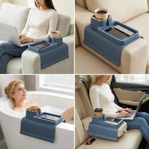 Luxury Gold Trim Couch Cup Holder Tray - Weighted Silicone Anti-Spill Sofa Armrest Organizer, Non-Slip Recliner Tray Table for Drinks, Remote, Phone - Fits Most Couch Arms, Home Gift,Blue - color: Blue