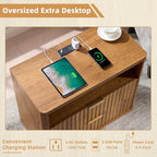 LEYAOYAO 31" Wide Fluted Nightstand with Charging Station, Oversized Extra Large 2 Drawers Night Stand,Brown Wood Bedside Table,Tall Bed Side End Tables,Modern Chest of Drawers Dressers for Bedroom - color: Brown, size: 2 Drawers
