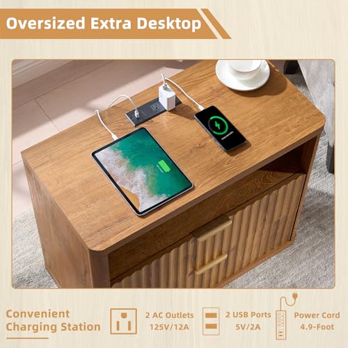 LEYAOYAO 31" Wide Fluted Nightstand with Charging Station, Oversized Extra Large 2 Drawers Night Stand,Brown Wood Bedside Table,Tall Bed Side End Tables,Modern Chest of Drawers Dressers for Bedroom - color: Brown, size: 2 Drawers