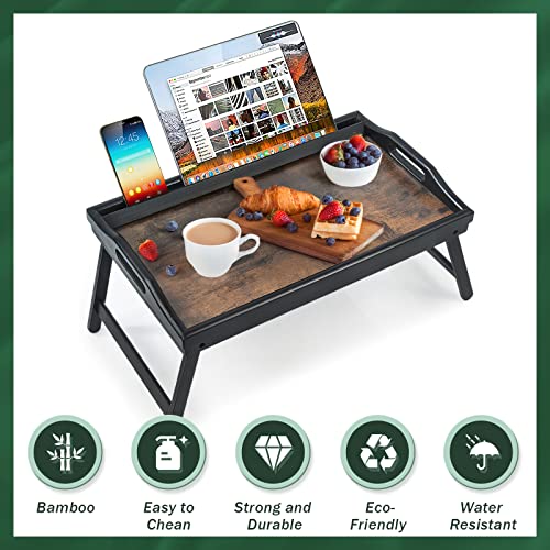2 Pack Bed Tray Table Breakfast Trays Serving Tray Bamboo Bed Laptap Floding Legs with Handles and Phone Holders - style: 2 pack(Dark brown with black legs)