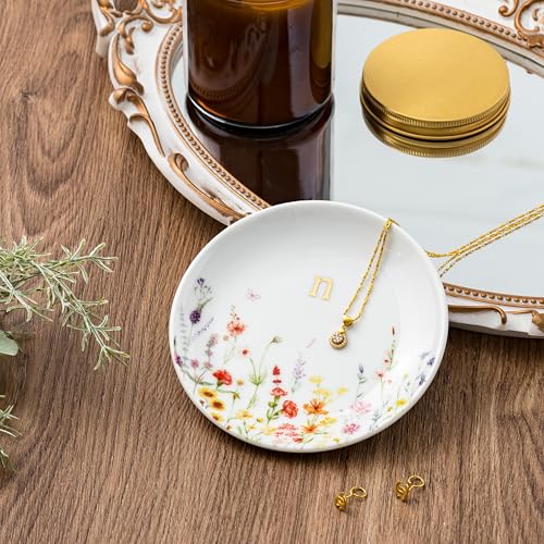Crisky Initial Jewelry Tray Ring Dish & Gift Box, Ceramic Flower Trinket Dish for Rings Earrings Necklaces Keys, Bridal Shower Engagement Birthday Gift for Women, Friends 4.57" (Gold Foil N - style: Initial N