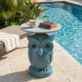 Luxurious Owl Side Table - 20" Premium Faux Marble Top Accent Table with Hand-Detailed Resin Owl Statue Base - High-End Round End Table for Study, Library, Nightstand - Tool-Free - color: Blue Owl