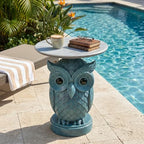 Luxurious Owl Side Table - 20" Premium Faux Marble Top Accent Table with Hand-Detailed Resin Owl Statue Base - High-End Round End Table for Study, Library, Nightstand - Tool-Free - color: Blue Owl