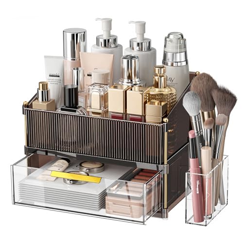 INVSSENE Stackable Makeup Organizer Countertop, Storage Perfume Skincare Cosmetic Lipstick Face Mask Makeup Brush Palettes, Ideal for Vanity Bathroom Counter - color: 3514 Coffee+Clear