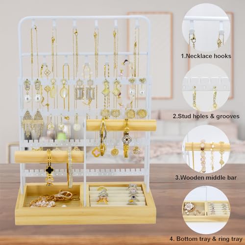Jewelry Holder Organizer Stand 4-Tier Necklace Stand Earring Holder with Wooden Tray, Jewelry Rack for Bracelets Watches and Rings Display Stand, Gifts for Women & Girls-White - color: Tray&White