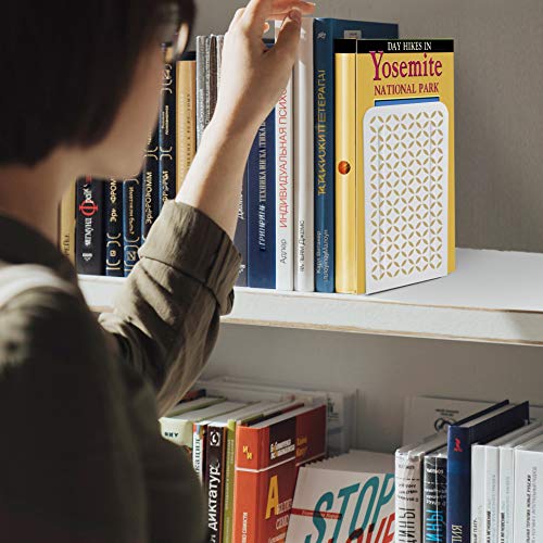 Acrimet Metal Bookends, Non-Skid Book Stand for Shelves, Heavy Duty Book Stopper, 6-7/8" H x 4" W x 4-1/2“ D, (White Bookend with Gold Design), 1 Pair - color: White Bookend With Gold Design, size: 10 cm X 11,5 cm X 17,5 cm