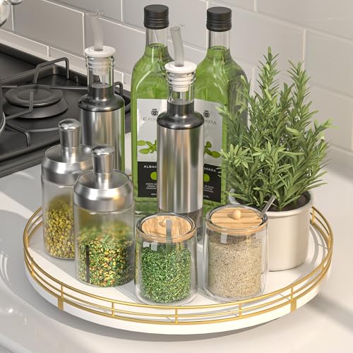 12" Wooden Lazy Susan Turntable for Cabinet – Round Rotating Spice Rack Organizer, White Kitchen Countertop Tray for Dining Table & Pantry Storage (White & Gold) - color: White & Gold, size: 12