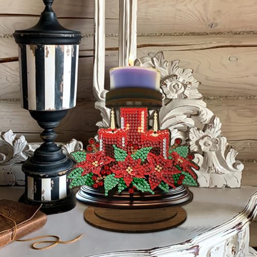 ARTopet DIY Diamond Art Painting Candlestick Holders Wooden Desk Candle Holder Ornament Double Sided Diamond Tabletop Ornaments for Home Decor-Poinsettia - color: Poinsettia