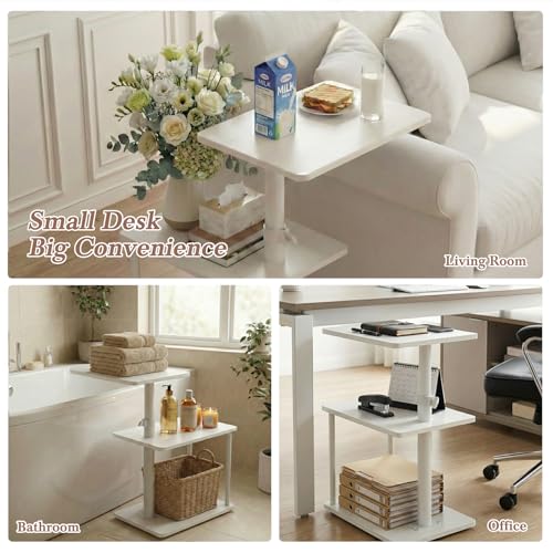 Faesun 360° Swivel Side Table for Height Adjustable, C Shaped End Table for Couch with Storage, 3-Tier Night Stand with Open Shelf, Tv Tray for Small Spaces, Living Room, Bedroom, White - color: White