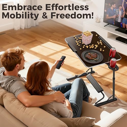 FoldWise Upgraded Folding TV Tray Table - Extra Large & Sturdy Laptop Table for Couch, Height & Angle Adjustable Desk for Dinner, Work & TV - Includes Footrest, Cup Holder, iPad Holder & Edge Stopper - color: (Black) - Dark Wood Mahogany