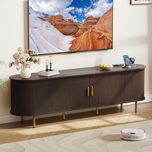 DHH 70.8" Mid Century Modern TV Stand with Power Outlet for TVs up to 80 Inch, Entertainment Center with Storage and Adjustable Shelves, Media Console with Sliding Doors for Living Room(Dark Walnut) - color: Dark Walnut, size: 71 Inch