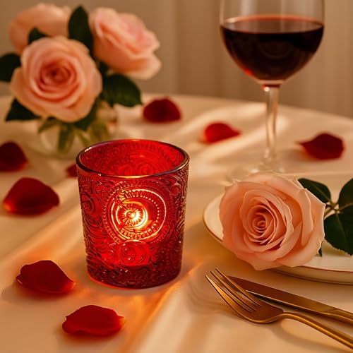 6 Pack Sun Moon Star Embossed Glass Tea Light Candle Holders - Votive Candle Holders for Wedding, Party, Home Decor, and Table Centerpieces (Ruby Red) - color: Ruby Red