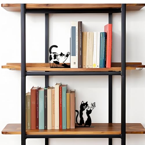 Cute Cat Bookends Metal Black Cat Book Ends for Shelves Bookshelf Decorative Accessories Home Office Desk Bookshelf Decor Cat Lover Gifts for Women