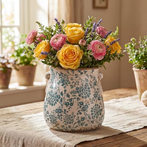 Ceramic Scroll Planter 6.5 Inch Chinoiserie Floral Vase with Drainage Holes Vintage Flower Vase Flower Pot Rustic Ceramic Pots for Indoor Plants Garden Home Bookshelf Decor(Indigo Blue) - style: Indigo Blue