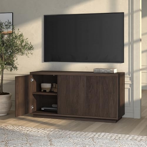 Henn&Hart Fluted TV Stand for TVs up to 55" with 3 Swing Out Ribbed Doors and Adjustable Shelves for Living Room, Family Room, or Office, Rich Brown - color: Rich Brown, size: 48" TV Stand