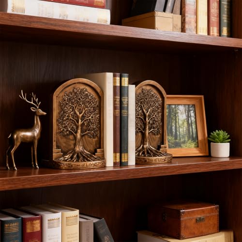 Large Vintage Tree of Life Bookends Set – 2 Non-Skid Heavy Bookends, Antique Bronze Finish Resin Decorative Bookends for Heavy Books, Office, Library, Bookshelf, Living Room, Housewarming Gift - color: Vintage Brass Tone
