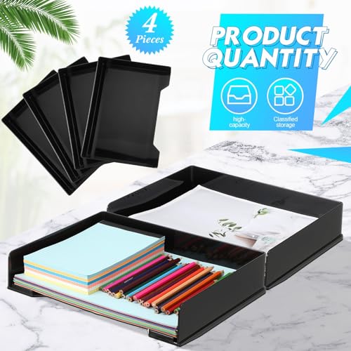 DoubleFill 4 Pcs Stackable Letter Tray Rectangular Plastic Desk Organizer 13 x 9.5 x 2.6 in Paper Holder File Tray Accessories Rack for Desktop Office Desk Drawers (Black) - color: Black