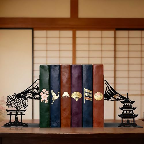 Matte Black Iron Decorative Bookends for Shelves, Fuji Mountain Sakura Design Book Ends Decorative, Book Ends for Heavy Books, Unique Bookends for Home Office Shelves, 7.9 x 1.2 x 5.9 Inches - color: Fuji Bookends