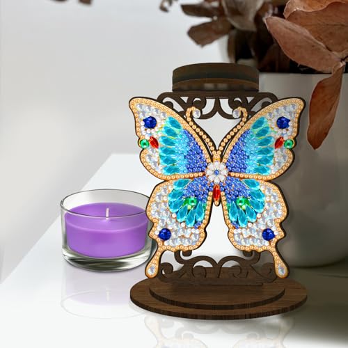 BAYUNOE DIY Candlestick Holders Wooden Desktop Diamond Art Painting Candle Holder Double-Sided Diamond Vintage Modern Decorative for Table Mantel Wedding Dinning Party-Blue Butterfly01 - color: Blue Butterfly01