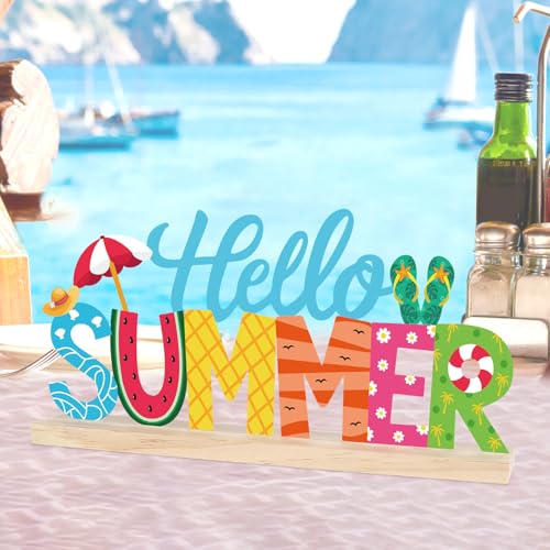 COCHIE Metal Hello Summer Sign, Summer Decorations for Home, Office, Shelf, Mantel, Indoor, Beach Slippers Tabletop Centerpiece Decoration, Watermelon Red Decor (Beach) - style: Beach